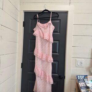 Light pink and white floral ruffle maxi dress